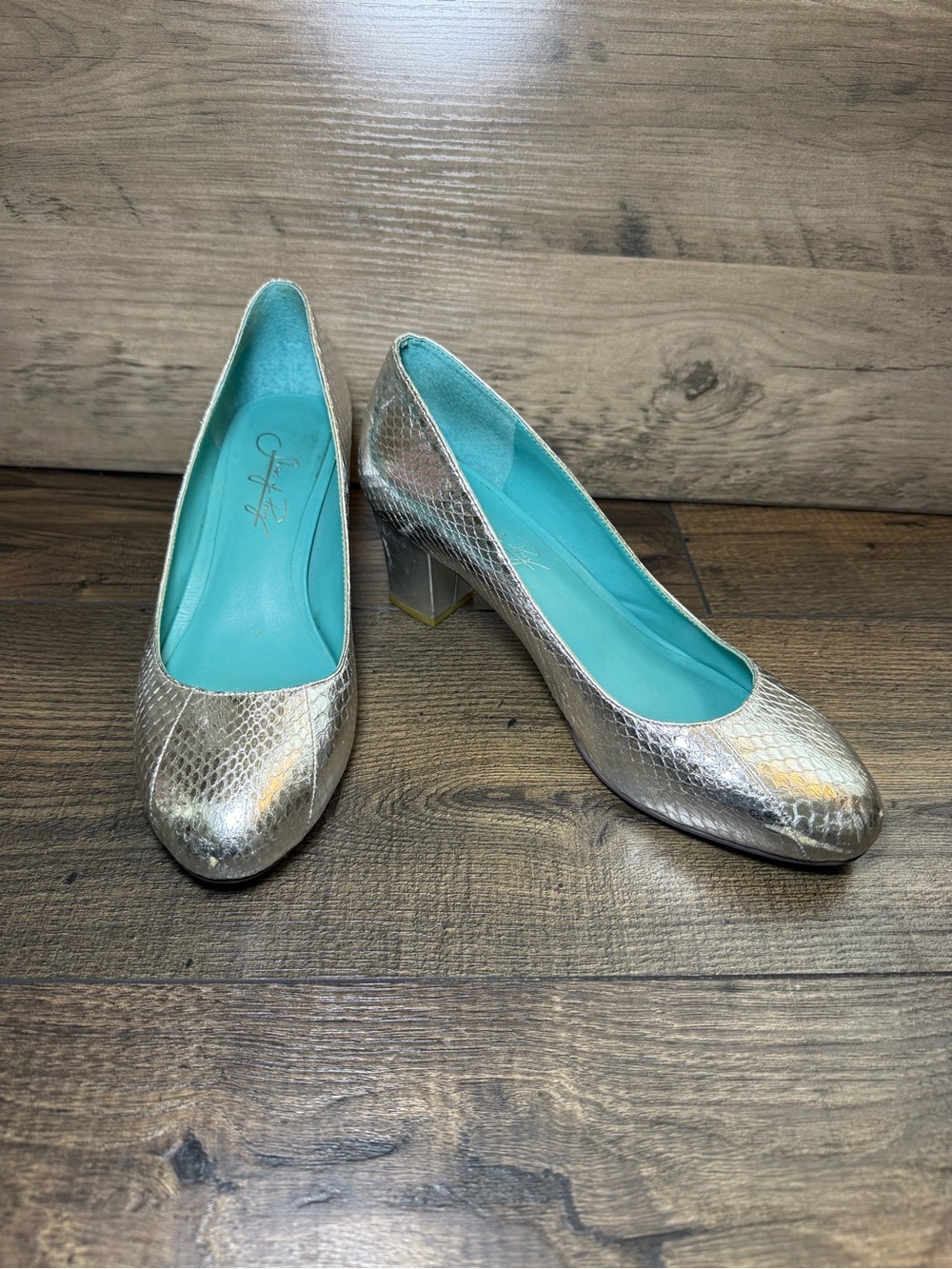 Shoes of Prey Silver Snake Embossed Low Block Heel Pumps Approx US Size 9